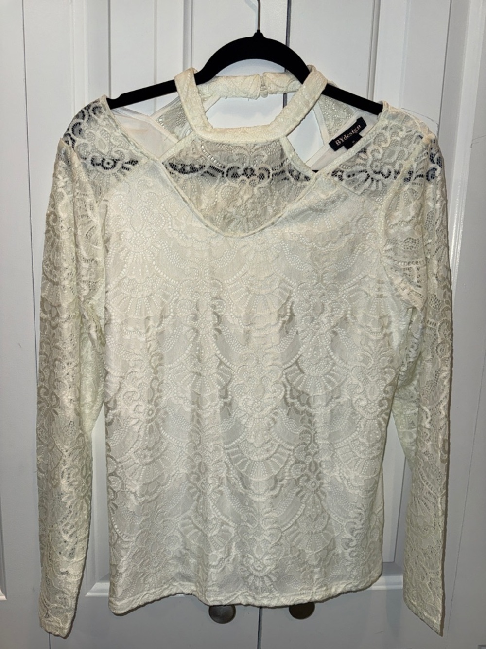 Ivanka Trump Cream Floral Lace Long Sleeve‎ Blouse with Choker Neck